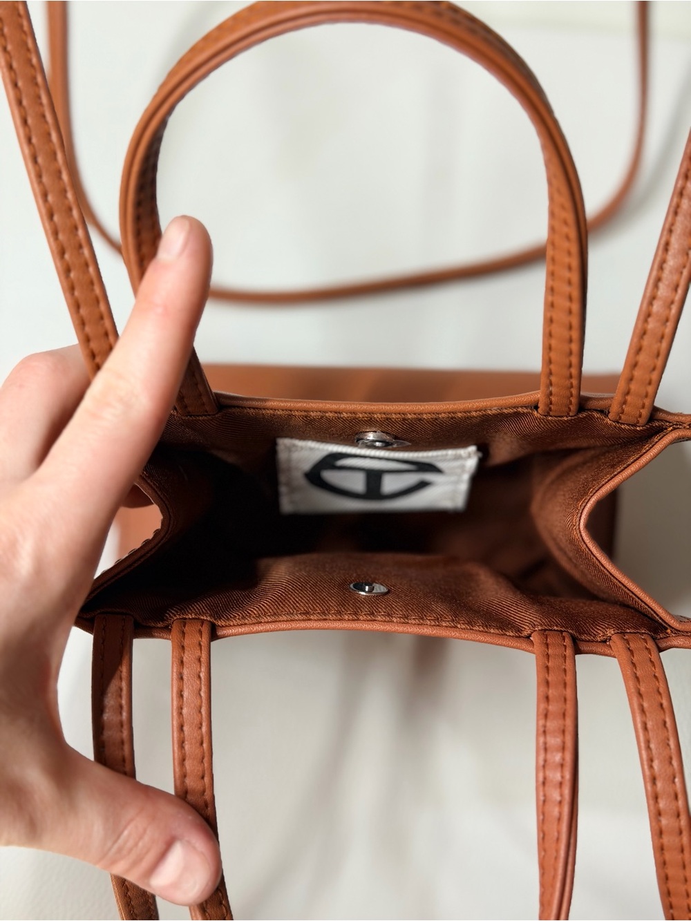 NWOT Telfar Mini Unisex Leather Crossbody Shoulder Handheld Tan Brown Embossed - Picture 3 of 9